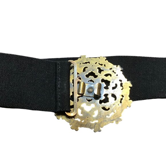 Vtg Elastic Waist Belt With Ornate Gold-Tone Scroll Floral Buckle - Picture 6 of 7